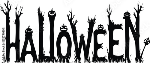 Halloween silhouette text with spooky lettering, eerie pumpkin shapes, bats, and ghostly accents