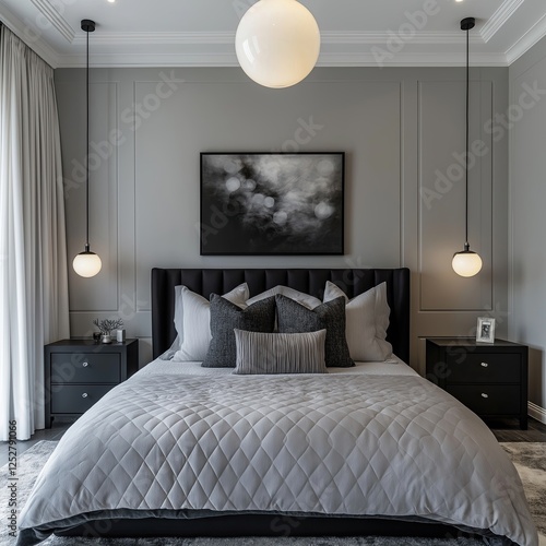 Wallpaper Mural modern and luxurious bedroom with a large bed in the center. The bed has a black headboard and is covered with a gray comforter and several gray and white throw pillows Torontodigital.ca