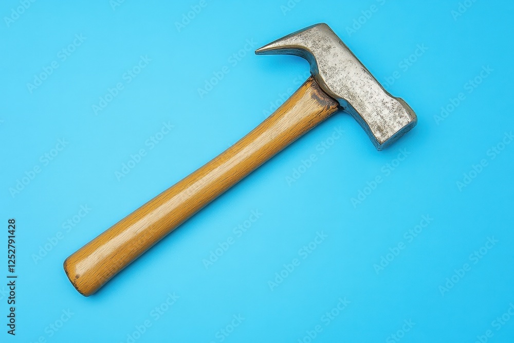 Metallic hammer with wooden handle lies on a blue background Metallic hammer with wooden handle lies on a blue background