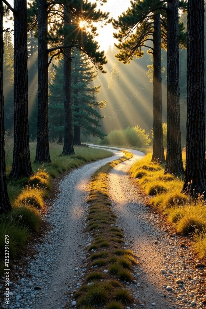 Naklejka premium Serene Sunrise Path Through a Majestic Pine Forest, Bathed in Golden Sunlight, Creating a Peaceful and Tranquil Atmosphere