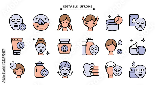Makeup removal and skin care icons set. Editable stroke. Face, beauty, health, woman, healthy, mask, clean, fresh, girl, cleansing concept. Vector illustration isolated on white background. Aesthetic 
