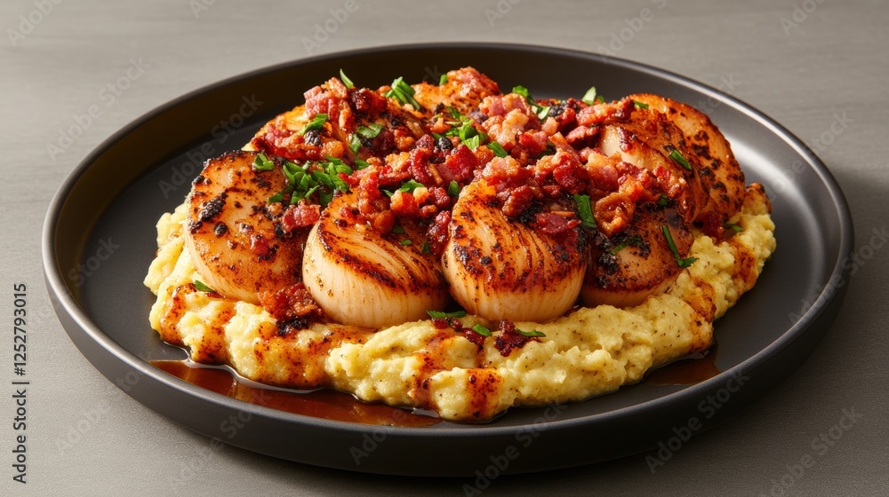 Plate of seared scallops and meat served with cauliflower puree on a white dish Plate of seared scallops and meat served with cauliflower puree on a white dish