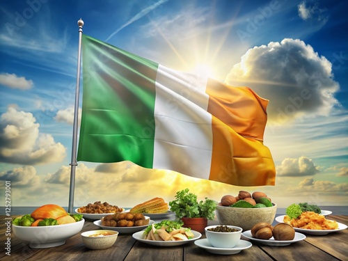 3D Animated Cote d'Ivoire Flag Rising Over Delicious Ivorian Food photo