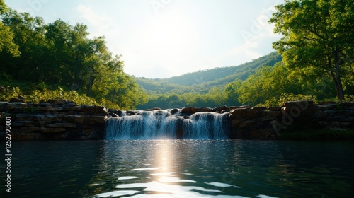 Fototapeta Naklejka Na Ścianę i Meble -  Secluded waterfall cascading into tranquil lake surrounded by lush green forest and rocky landscape