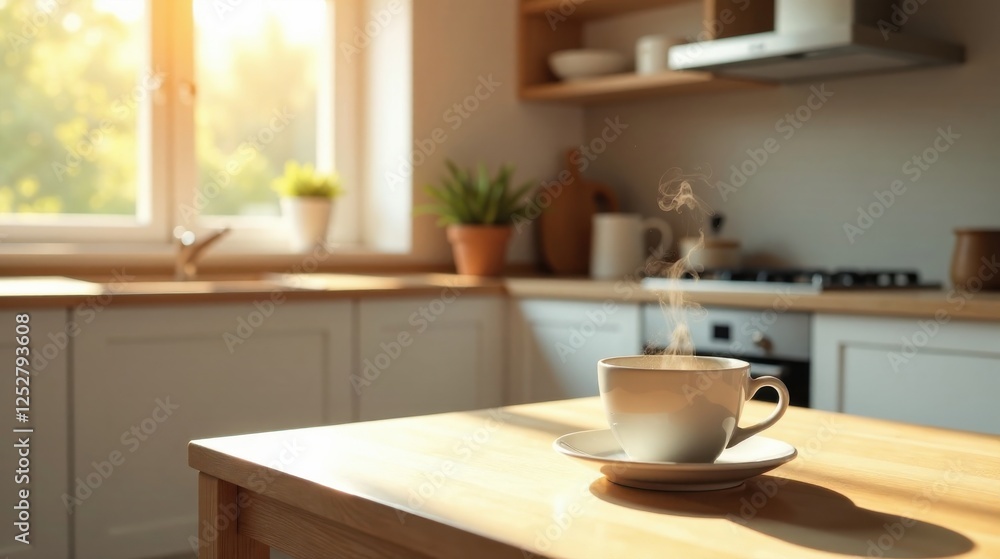 Aromatic Steam Rising From a Warm Drink in a Sunny Kitchen Setting Aromatic Steam Rising From a Warm Drink in a Sunny Kitchen Setting