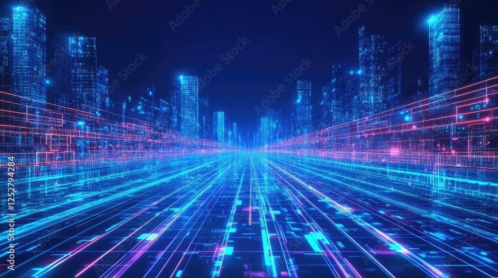A futuristic city at dusk, illuminated by neon-blue grids and augmented reality projections. A futuristic city at dusk, illuminated by neon-blue grids and augmented reality projections.
