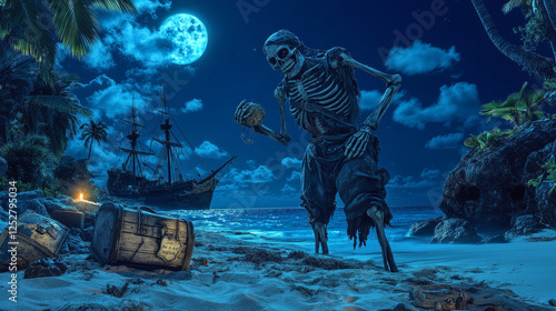 Pirate ghost on haunted island, spooky dead filibuster captain spirit with hook hand and wooden leg prosthesis on night tropical beach with ship, chest and treasure map. Cartoon vector illustration