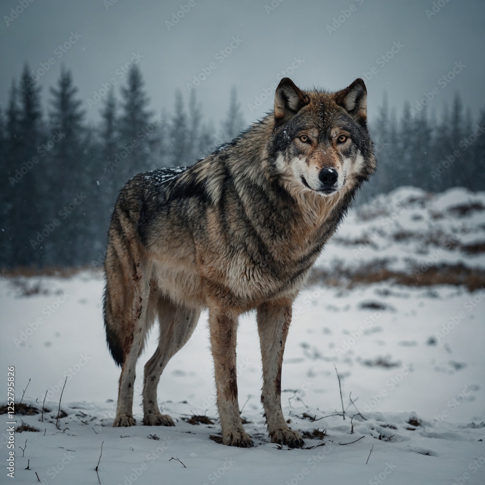 A scarred but proud wolf standing tall against an endless snowy plain. A scarred but proud wolf standing tall against an endless snowy plain.