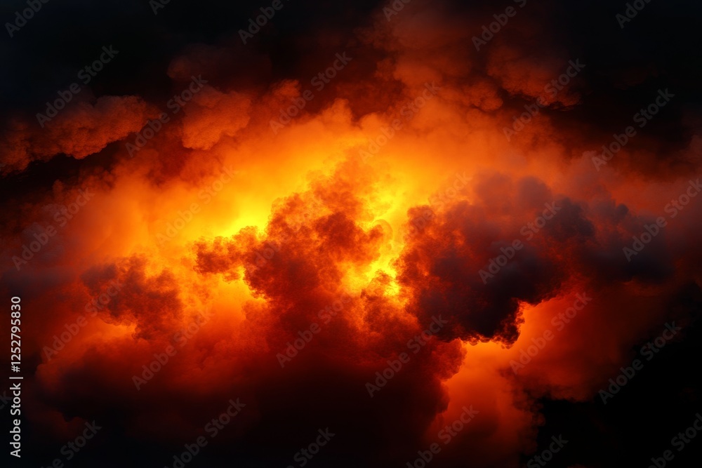 Captivating dance of dark orange smoke and vibrant clouds against a blackened sky Captivating dance of dark orange smoke and vibrant clouds against a blackened sky