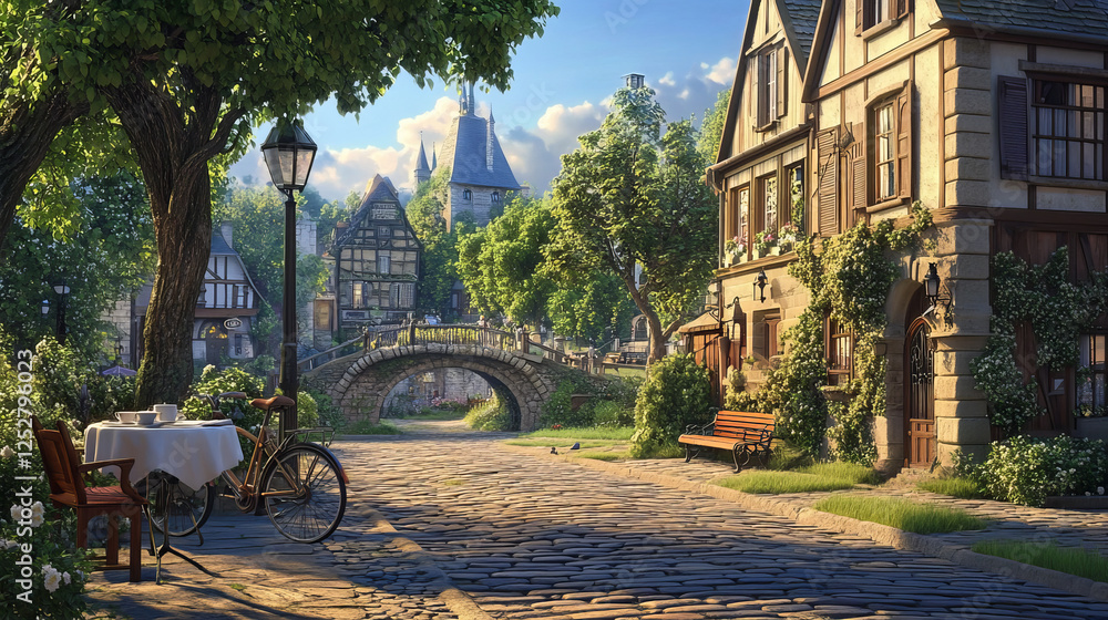 Fototapeta premium Old Europe street with cafe table with coffee cup and croissant, cute houses and park with stone bridge and fence, green trees and bicycle near streetlight, wooden bench under morning sun light.