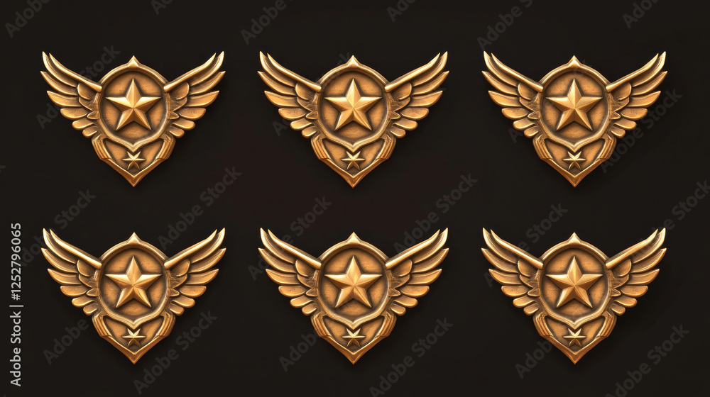 Cartoon set of game rank badge isolated on background. Vector illustration of shiny golden pentagonal medals decorated with stars and wings. Symbol of achievement, award for victory, trophy emblem Cartoon set of game rank badge isolated on background. Vector illustration of shiny golden pentagonal medals decorated with stars and wings. Symbol of achievement, award for victory, trophy emblem