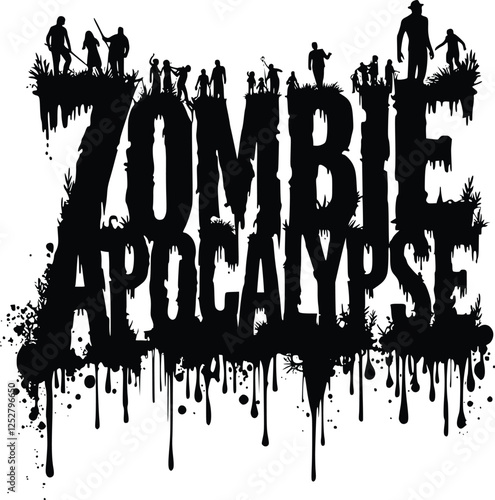 Zombie apocalypse silhouette text with spooky details, eerie decorations, creepy fonts, and zombie-themed graphic artwork for spooky season