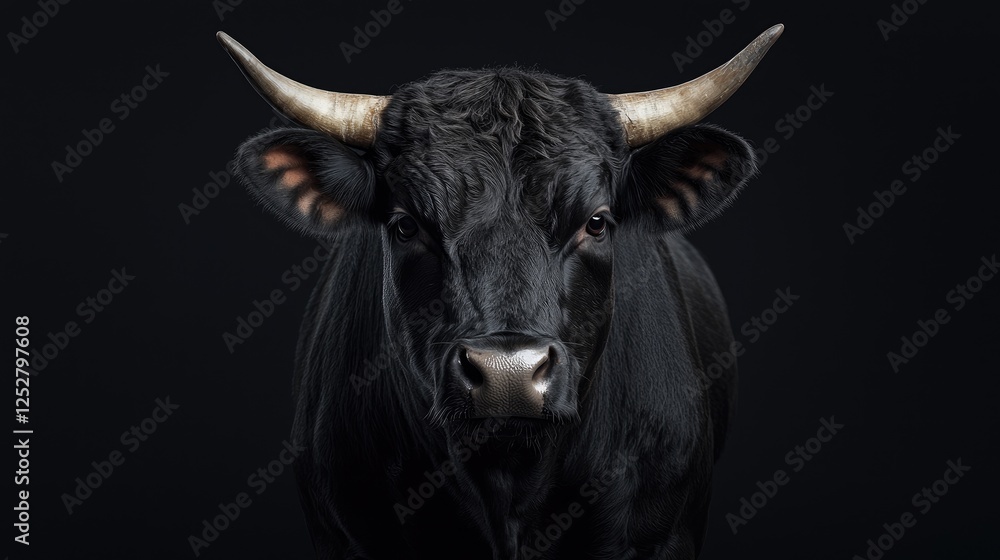 Close-up black bull head on dark background. Possible use for animal portrait Close-up black bull head on dark background. Possible use for animal portrait