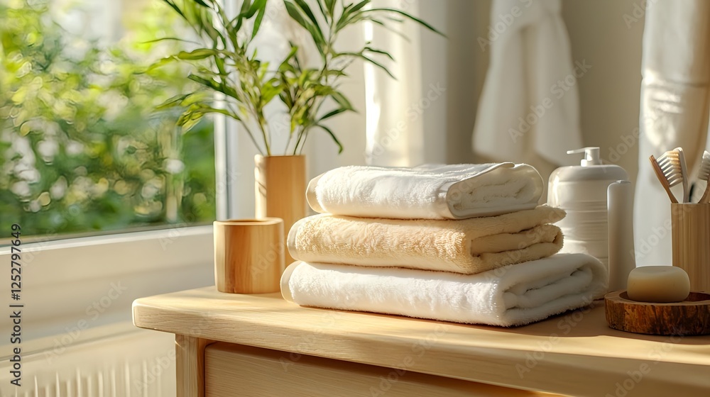 Fototapeta premium Spa Towels, Bathroom, Natural Light, Wellness - Wellness and self-care