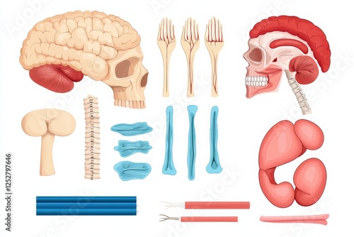 Detailed Anatomy Illustration Featuring Human Brain Bones Organs and Skeletal Elements in Educational Context photo