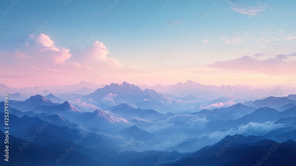 Serene mountain landscape at dawn with soft pastel colors and misty valleys, evoking tranquility Serene mountain landscape at dawn with soft pastel colors and misty valleys, evoking tranquility