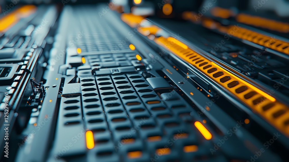 A close-up view of a futuristic, industrial surface featuring intricate patterns and glowing orange accents, emphasizing technology and design. A close-up view of a futuristic, industrial surface featuring intricate patterns and glowing orange accents, emphasizing technology and design.