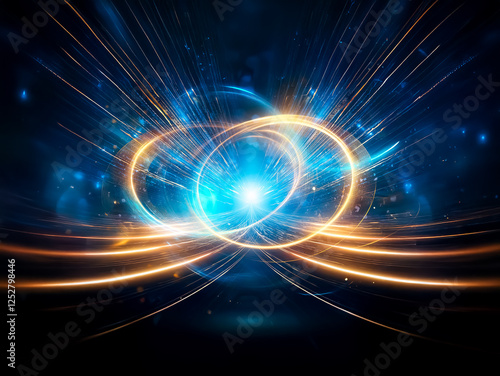 Wallpaper Mural Intertwined luminous rings, golden and blue, swirl in a cosmic dance against a dark background.  Glowing energy radiates outwards, creating a vibrant, ethereal effect. Torontodigital.ca