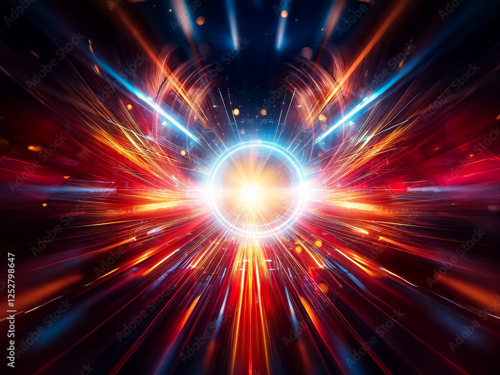 Obraz premium Abstract digital art depicting a glowing circular portal with vibrant orange and blue light streaks, radiating outwards creating a sense of speed and movement through a dark, futuristic space.