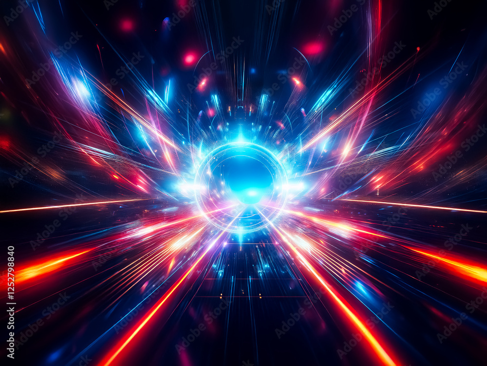 Obraz premium Dynamic abstract image: bright blue and red light rays burst from a glowing center, creating a futuristic tunnel effect with intense energy and motion.