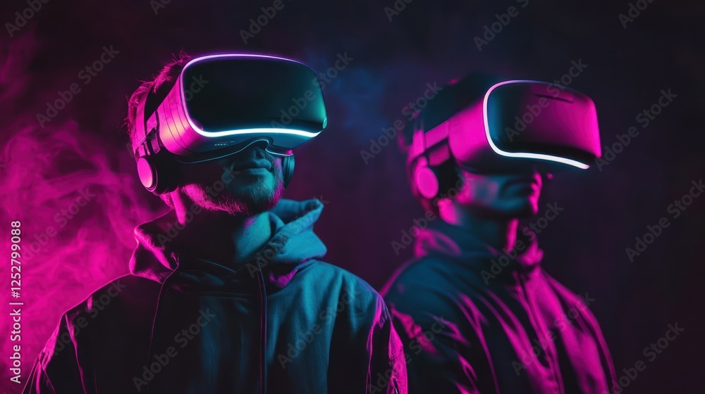 Neon Virtual Reality Experience: Two Individuals Immersed in a Futuristic Digital World Neon Virtual Reality Experience: Two Individuals Immersed in a Futuristic Digital World