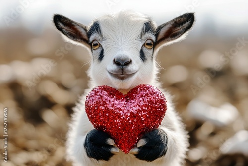 Cute goat baby with sparkling rhinestones red heart on in a natural habitat. Ad campaign animal creative. Goat - my preferred animal. Heart-shaped animal moments. Valentine's day inspiration. photo