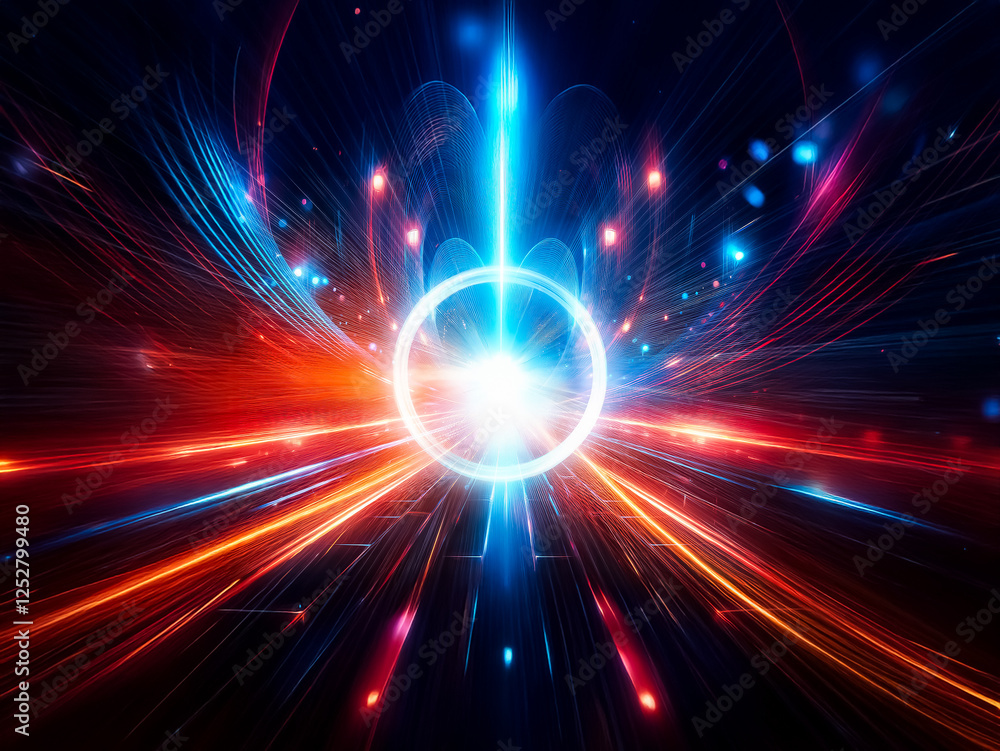 Obraz premium Abstract image with bright light beams radiating from a central glowing circle. Vibrant blue and red lines create a futuristic and dynamic effect.