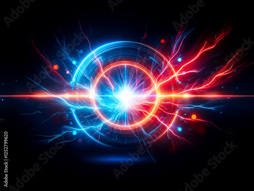 Glowing concentric circles of blue and orange light pulse with energy, creating a bright, futuristic portal effect against a dark background.  A central, bright star-like point adds to the intense lum photo