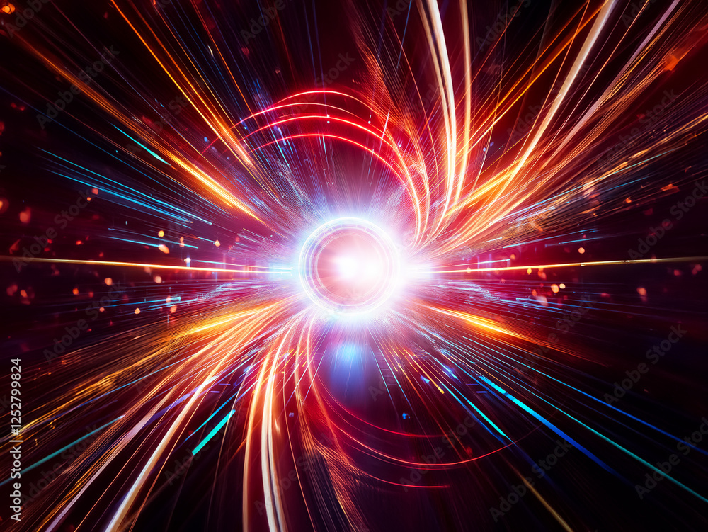 Fototapeta premium Bright light rays burst from the center, creating a dynamic and energetic abstract visual. Red, orange, and blue colors add depth and vibrancy.