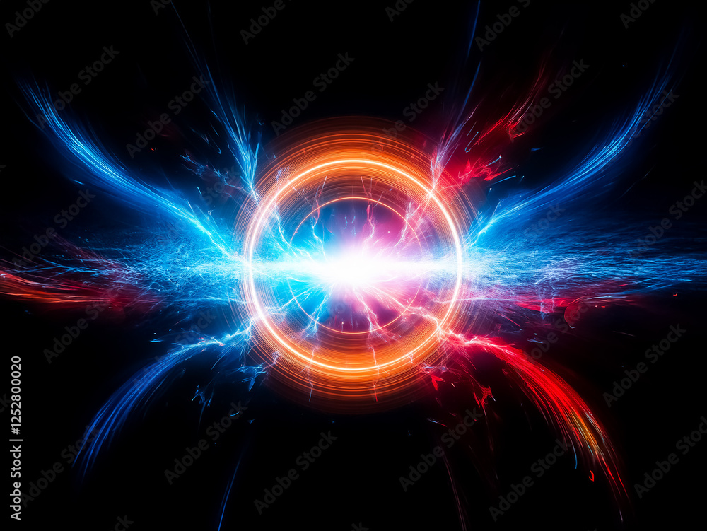 Obraz premium Vibrant glowing orb at the center emitting powerful blue and red energy streams against a dark backdrop. Abstract representation of intense energy and power.