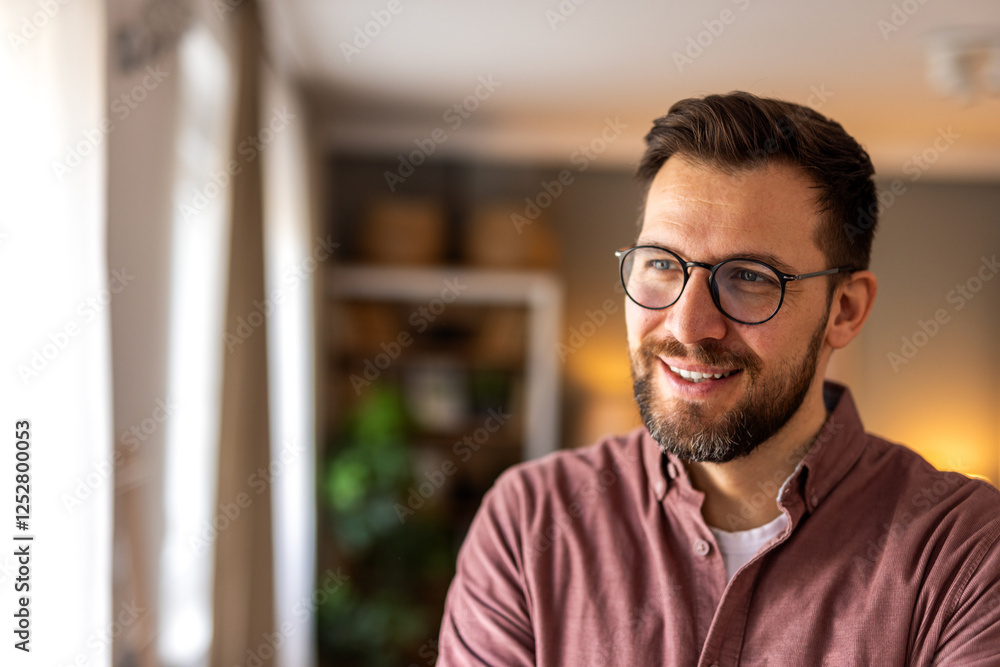 Close-up of a smiling man with glasses and a beard in a softly lit home setting. His warm expression conveys happiness and confidence, with a stylish, modern background Close-up of a smiling man with glasses and a beard in a softly lit home setting. His warm expression conveys happiness and confidence, with a stylish, modern background