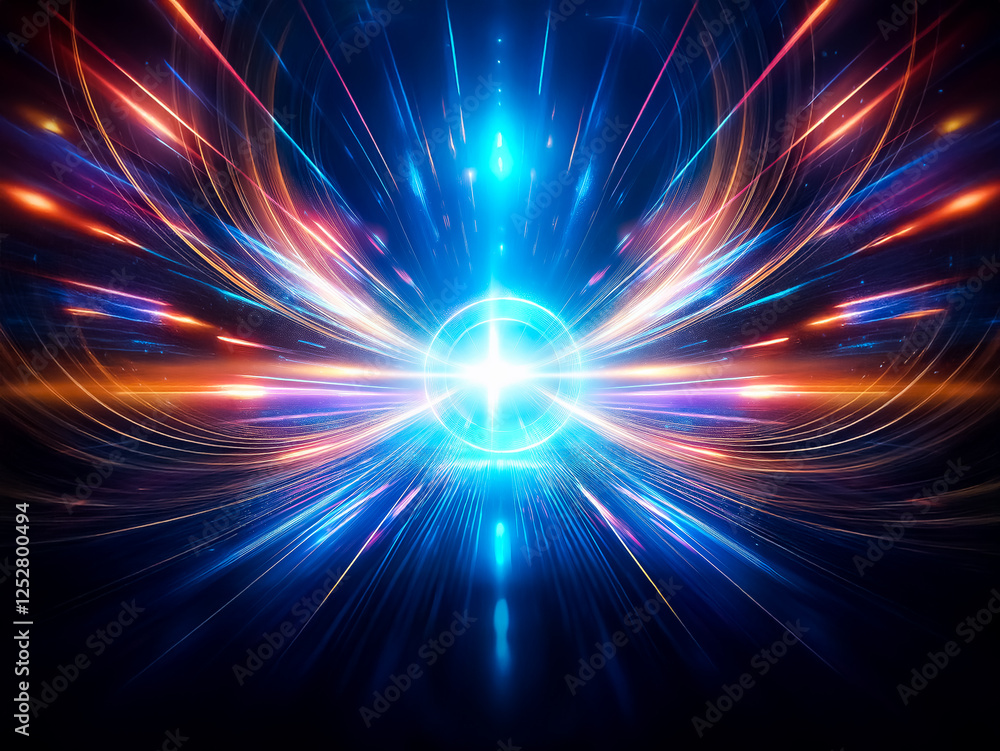 Obraz premium Abstract image depicting a vibrant, glowing ring at the center of radiating light streaks. Colors are predominantly blue, orange, and purple, creating a dynamic, futuristic feel. The overall effect i