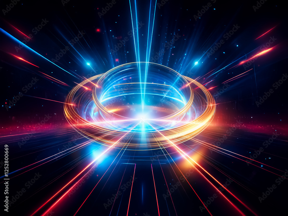 Obraz premium Two luminous rings, gold and blue, intersect, radiating light against a dark background. The glowing circles create a dynamic, ethereal effect.