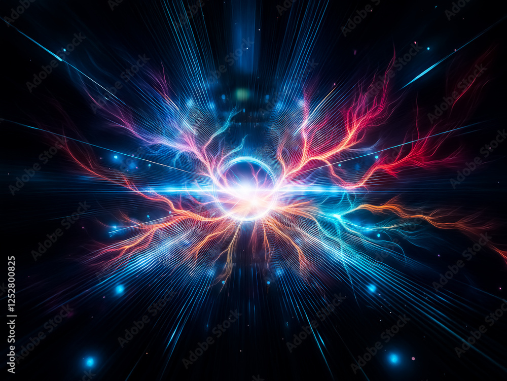 Fototapeta premium Abstract digital art depicting a glowing blue ring at the center of converging light streaks in a dark space. The image evokes a sense of speed and futuristic technology.