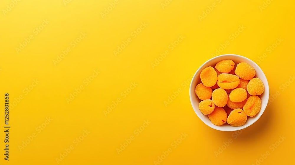 Dried Apricots in White Bowl on Yellow Background. Flat Lay with Space for Text or Caption, Healthy Snack and Fruit Concept Dried Apricots in White Bowl on Yellow Background. Flat Lay with Space for Text or Caption, Healthy Snack and Fruit Concept