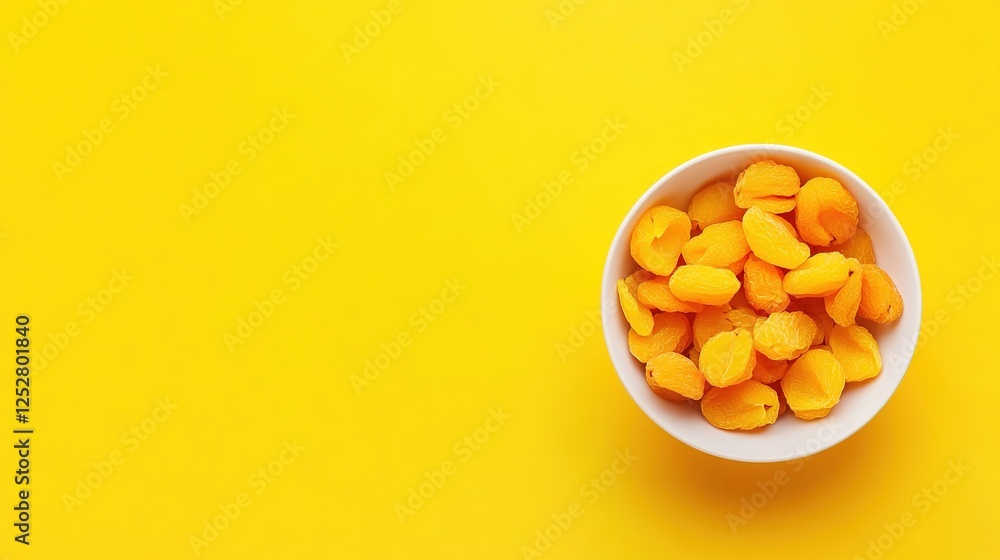 Dried Apricots in White Bowl on Yellow Background. Flat Lay with Space for Text or Caption, Healthy Snack and Fruit Concept Dried Apricots in White Bowl on Yellow Background. Flat Lay with Space for Text or Caption, Healthy Snack and Fruit Concept