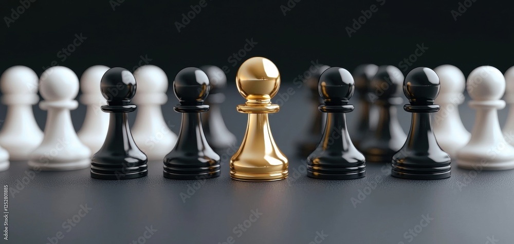 A golden pawn stands out among black and white pawns on a dark surface, symbolizing uniqueness in a game of chess. A golden pawn stands out among black and white pawns on a dark surface, symbolizing uniqueness in a game of chess.