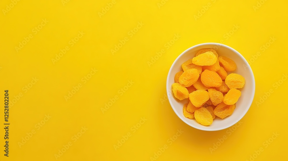 Dried Apricots in White Bowl on Yellow Background. Flat Lay with Space for Text or Caption, Healthy Snack and Fruit Concept Dried Apricots in White Bowl on Yellow Background. Flat Lay with Space for Text or Caption, Healthy Snack and Fruit Concept