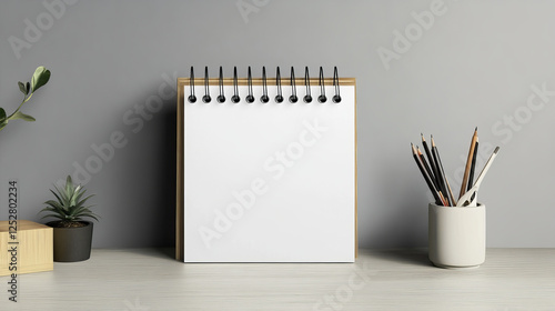 Calendar mockup with blank pages and spiral. Desktop horizontal paper calender mock up front and side view isolated on grey background. Agenda, almanac template. Realistic 3d vector illustration, set