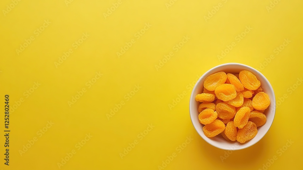Dried Apricots in White Bowl on Yellow Background. Flat Lay with Space for Text or Caption, Healthy Snack and Fruit Concept Dried Apricots in White Bowl on Yellow Background. Flat Lay with Space for Text or Caption, Healthy Snack and Fruit Concept