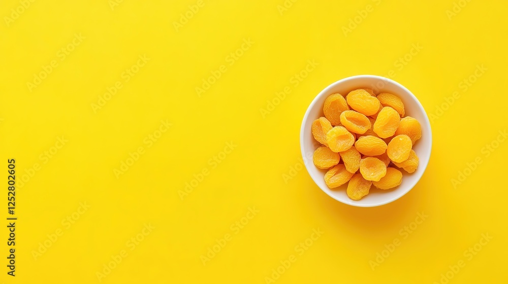 Dried Apricots in White Bowl on Yellow Background. Flat Lay with Space for Text or Caption, Healthy Snack and Fruit Concept Dried Apricots in White Bowl on Yellow Background. Flat Lay with Space for Text or Caption, Healthy Snack and Fruit Concept