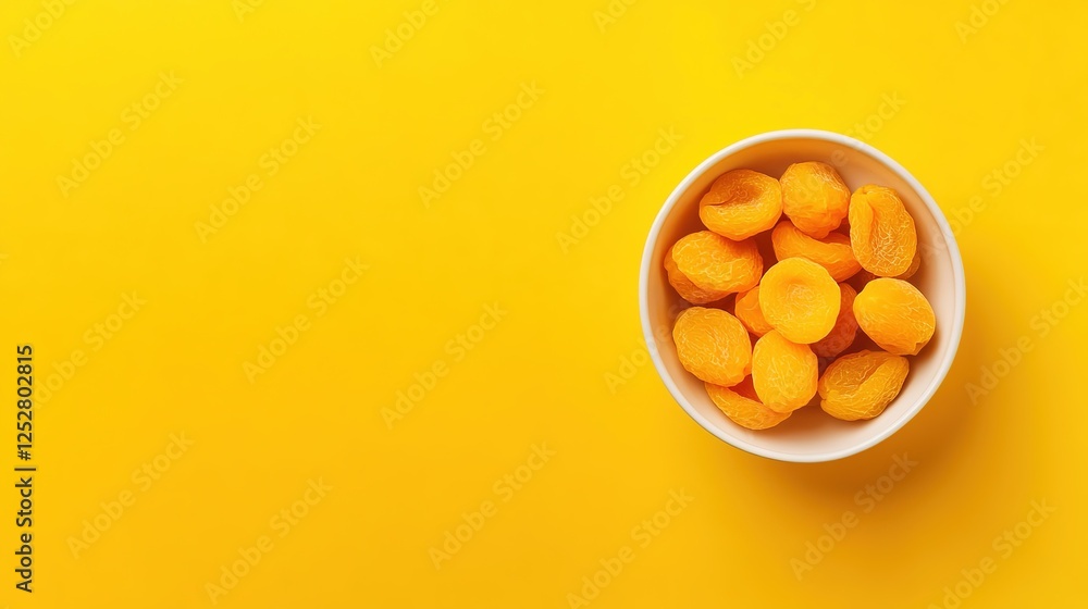 Dried Apricots in White Bowl on Yellow Background. Flat Lay with Space for Text or Caption, Healthy Snack and Fruit Concept Dried Apricots in White Bowl on Yellow Background. Flat Lay with Space for Text or Caption, Healthy Snack and Fruit Concept