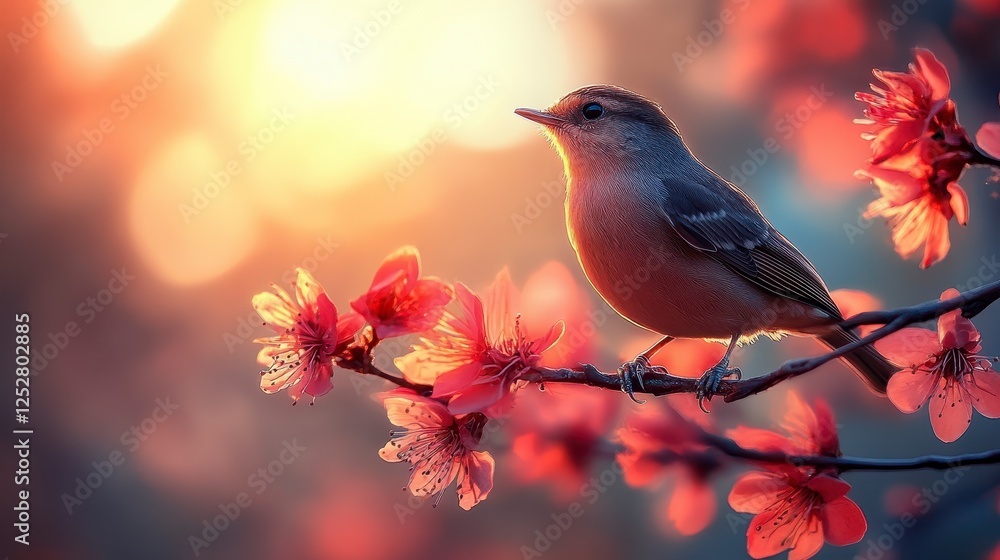 Bird perched on blossoming branch at sunrise Bird perched on blossoming branch at sunrise