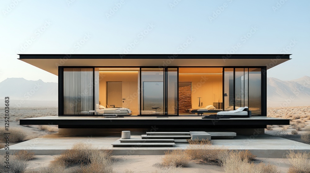 Desert modern house, glass walls, sunrise view, minimalist design, home interior Desert modern house, glass walls, sunrise view, minimalist design, home interior
