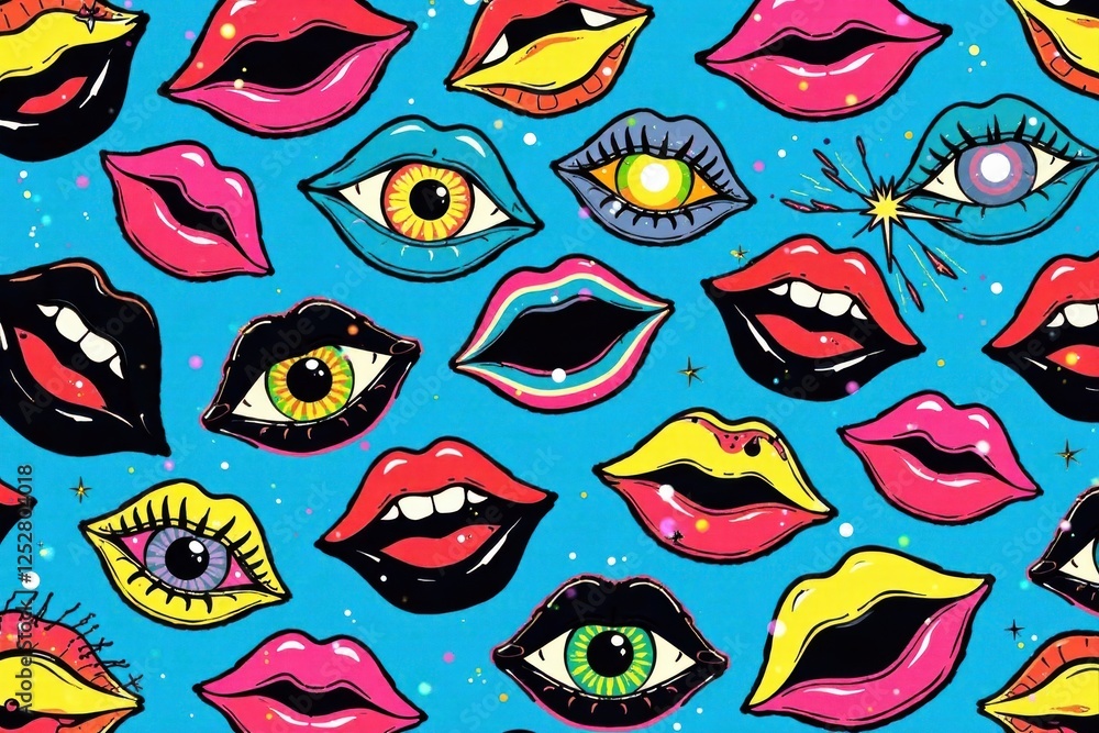 Vibrant Psychedelic Pattern of Lips and Eyes, a Bold and Colorful Artistic Design Featuring Repeated Motifs of Open Mouths and Seeing Eyes on a Bright Blue Background Vibrant Psychedelic Pattern of Lips and Eyes, a Bold and Colorful Artistic Design Featuring Repeated Motifs of Open Mouths and Seeing Eyes on a Bright Blue Background