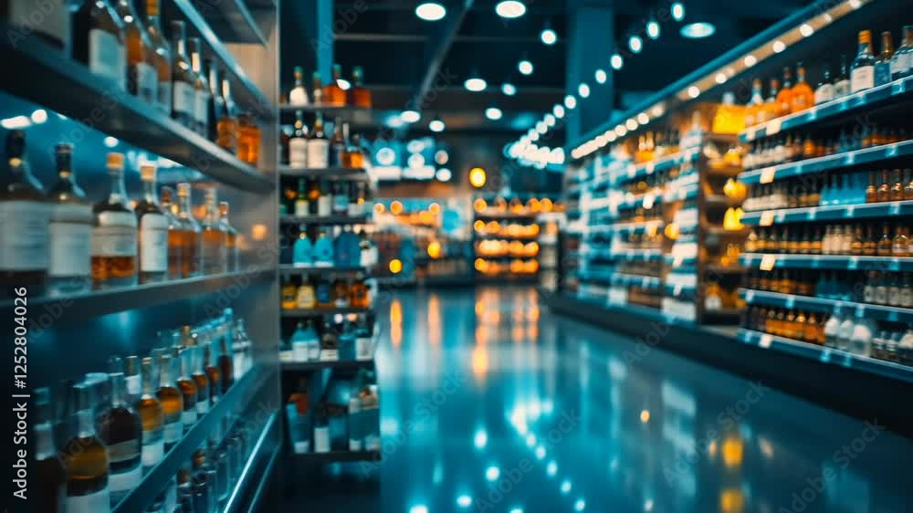 Brightly lit liquor store aisle showcasing a variety of bottles in a modern retail environment Brightly lit liquor store aisle showcasing a variety of bottles in a modern retail environment