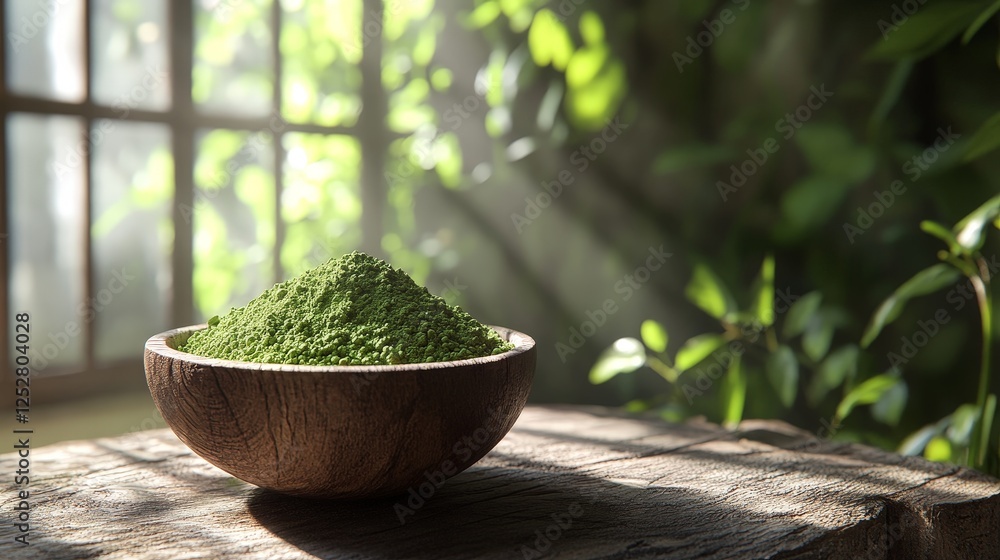 A bowl of green powder sits on a wooden table, illuminated by soft sunlight through a window. A bowl of green powder sits on a wooden table, illuminated by soft sunlight through a window.