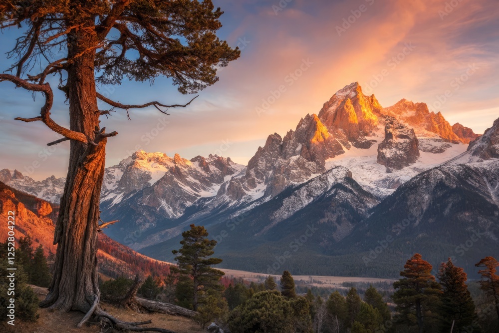 Obraz premium Majestic Mountain Ranges Bow Before Divine Sunrise: Panoramic Landscape Photography