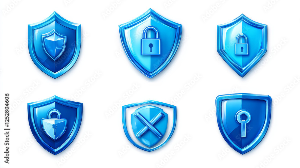 Realistic set of blue security shield icons isolated on transparent background. Vector illustration of 3D safety symbols with lock, key, cross, tick signs. Data privacy protection, antivirus Realistic set of blue security shield icons isolated on transparent background. Vector illustration of 3D safety symbols with lock, key, cross, tick signs. Data privacy protection, antivirus