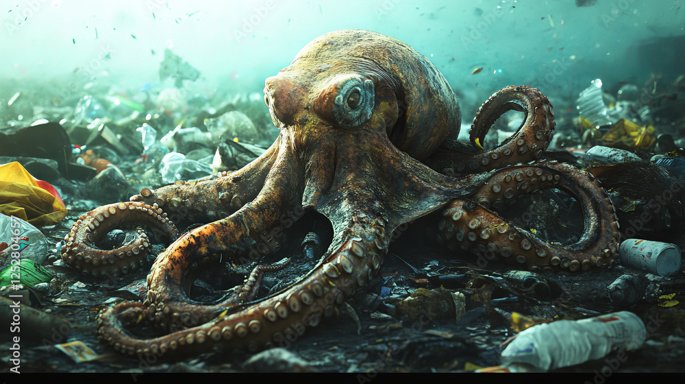 Fototapeta premium Save ocean cartoon banner with underwater animals and trash in sea. Water pollution with plastic ecological problem. Unhappy octopus and turtle on dirty polluted bottom covered with garbage, vector